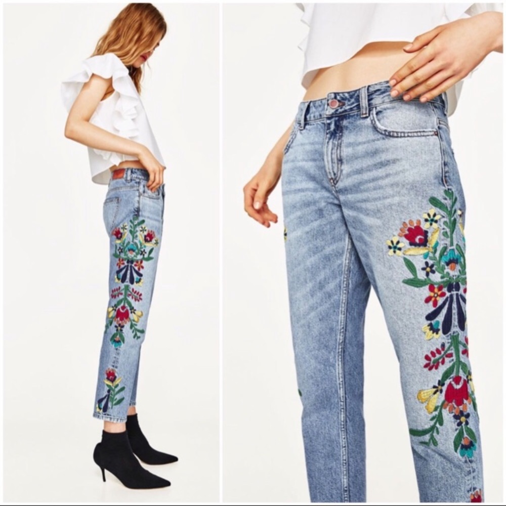 Zara Mexican Embroidered Denim Jeans Crop 6 Floral